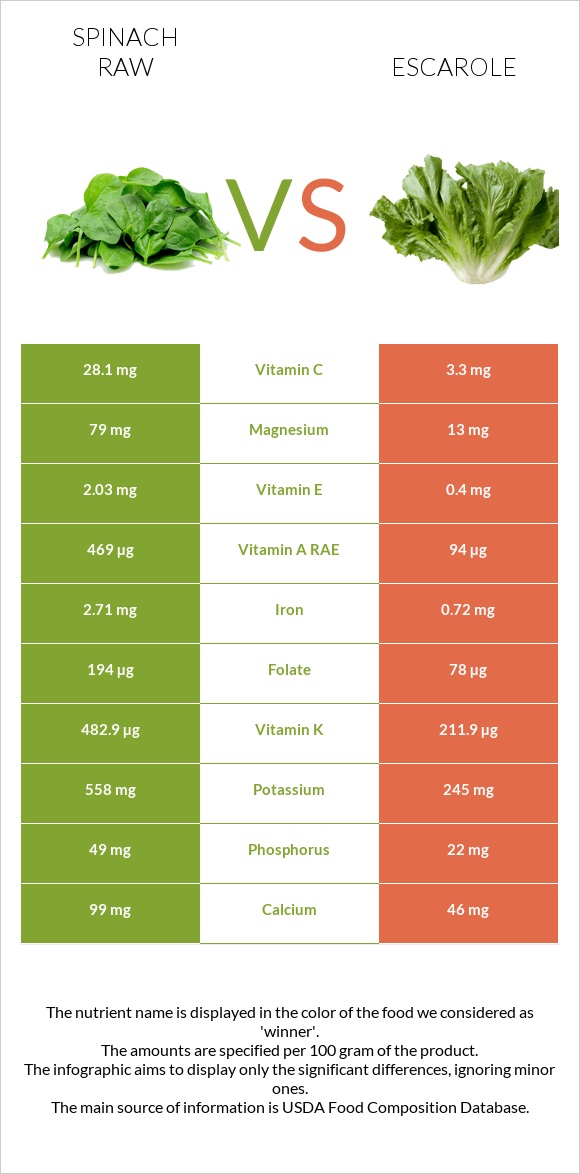 Spinach raw vs Escarole infographic