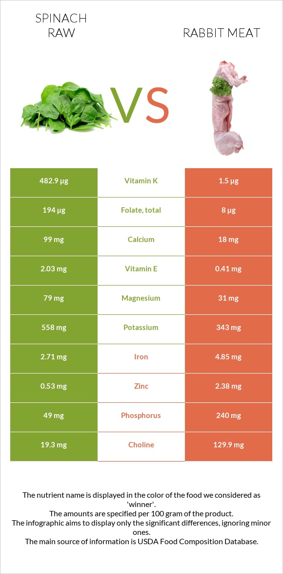 Spinach raw vs Rabbit Meat infographic