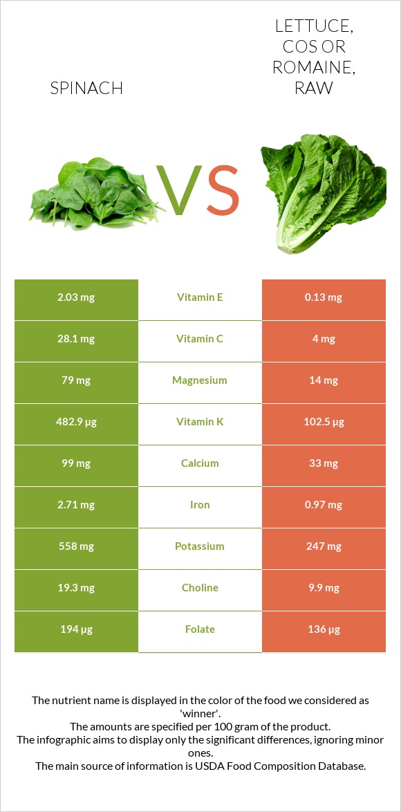 Spinach vs Lettuce, cos or romaine, raw infographic