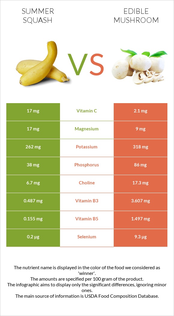 Summer squash vs Edible mushroom infographic
