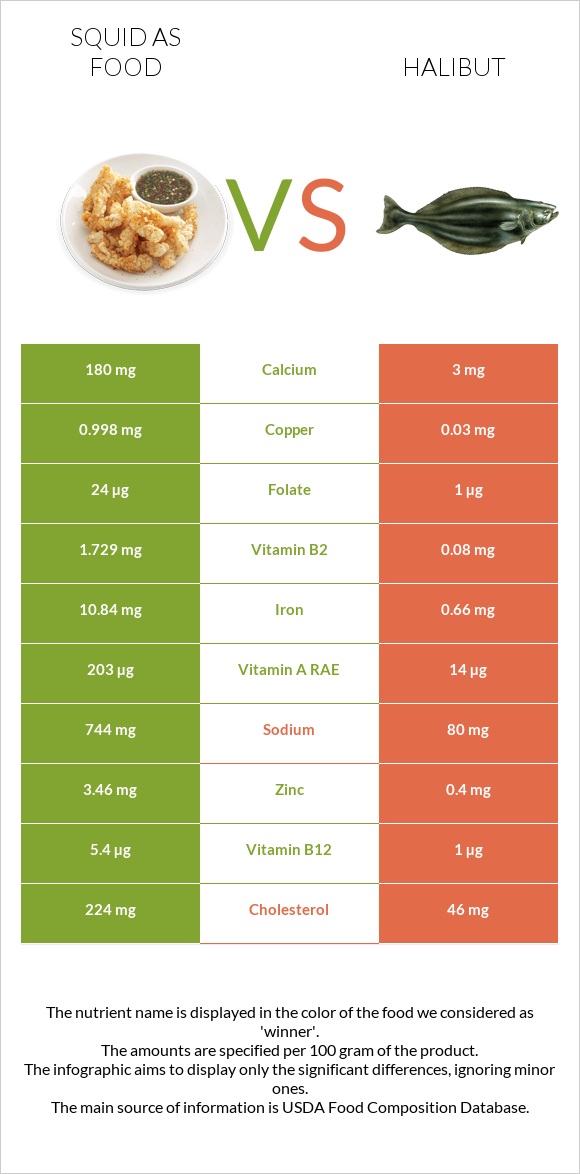 Squid as food vs Halibut raw infographic