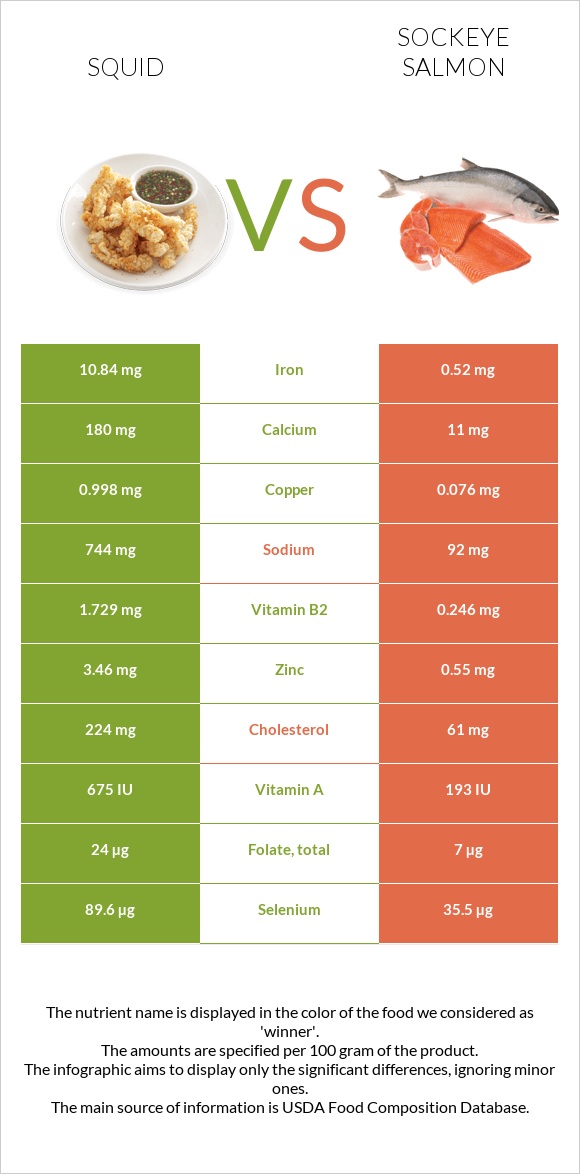 Squid as food vs Sockeye salmon infographic