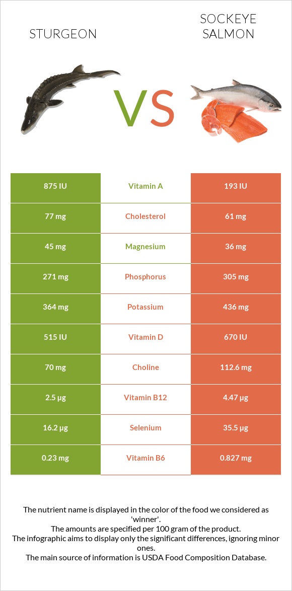 Sturgeon vs Sockeye salmon infographic