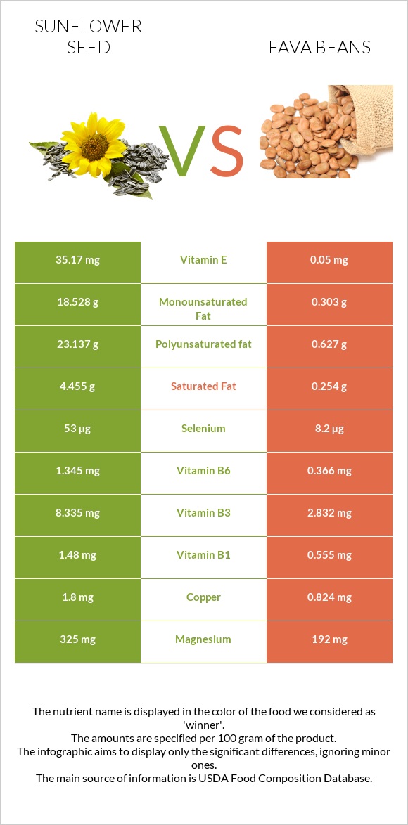 Արևածաղիկի սերմեր vs Fava beans infographic