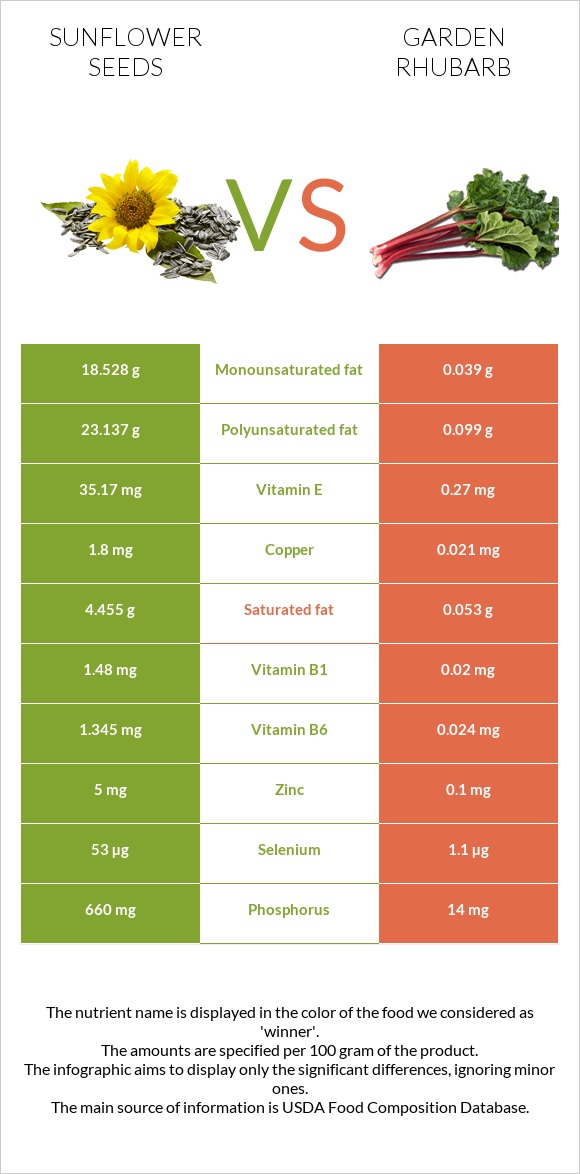 Sunflower seeds vs Garden rhubarb infographic