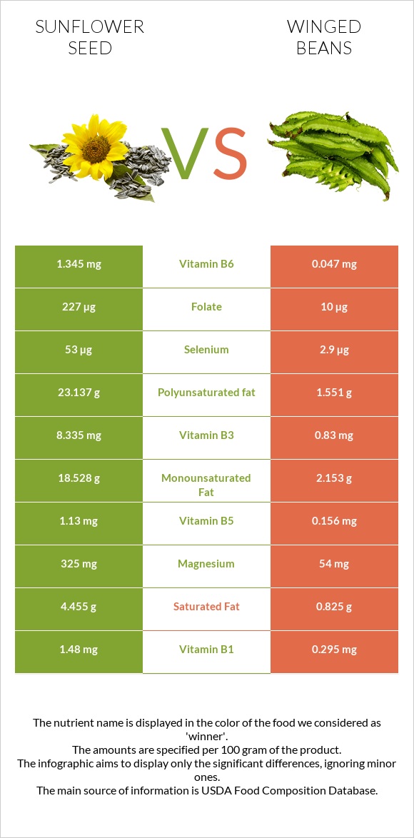 Արևածաղիկի սերմեր vs Winged beans infographic