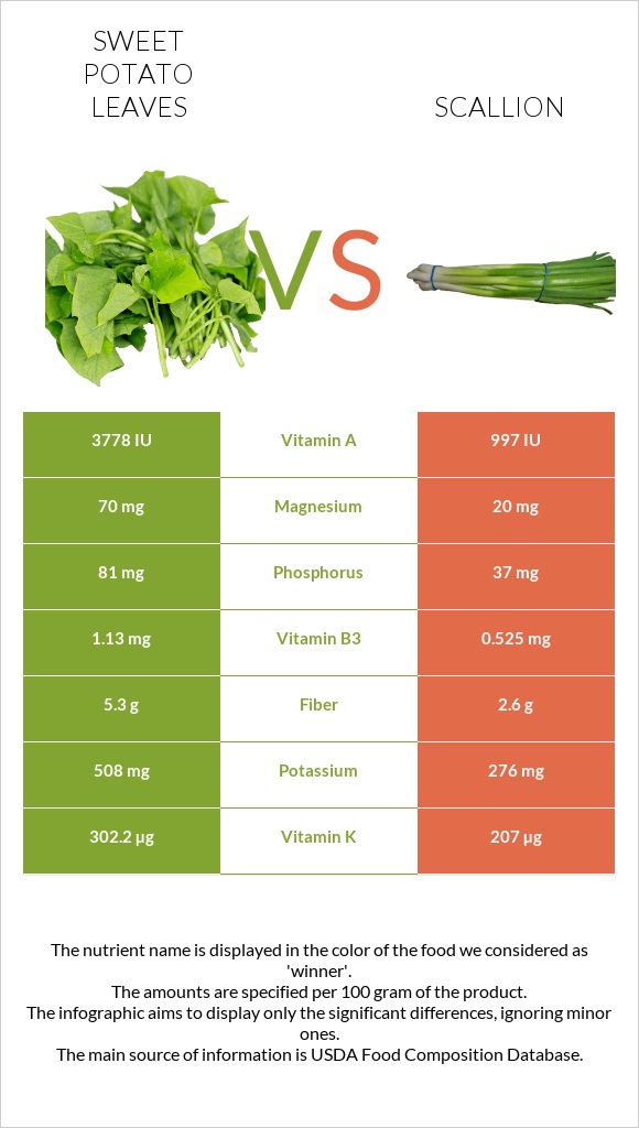 Sweet potato leaves vs Scallion infographic