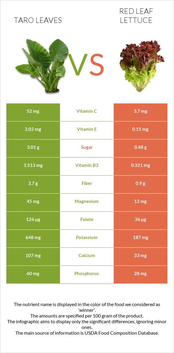 Taro leaves vs Red leaf lettuce infographic