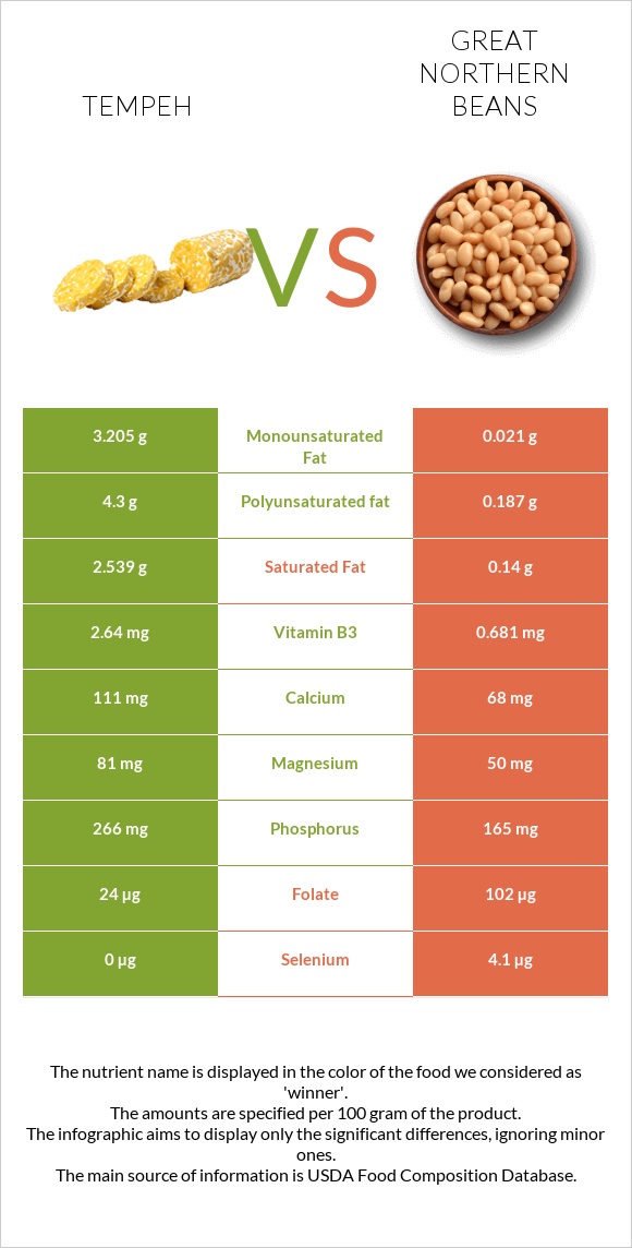 Tempeh vs Great northern beans infographic