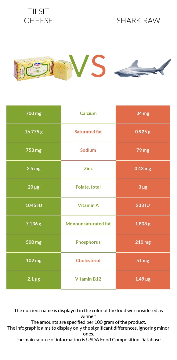 Tilsit cheese vs Shark raw infographic