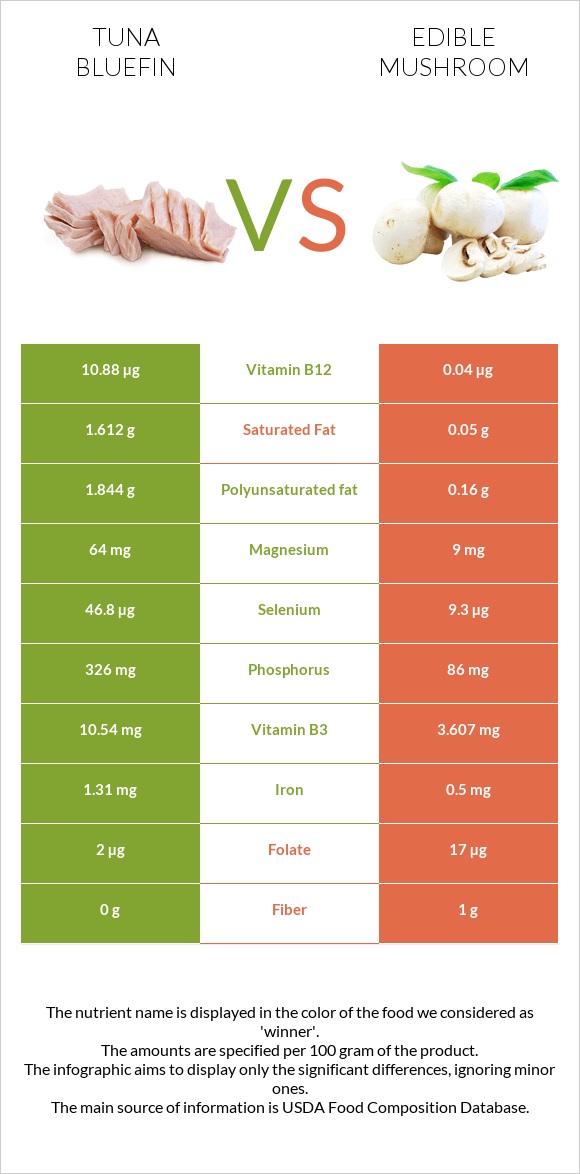 Tuna Bluefin vs Edible mushroom infographic