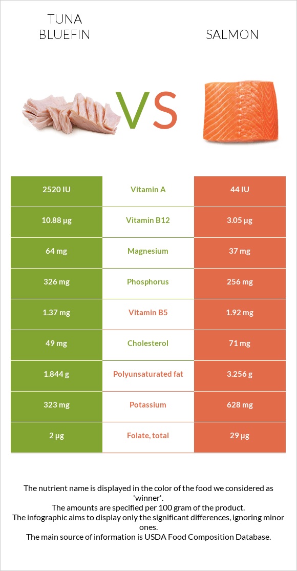 Tuna Bluefin vs Salmon infographic