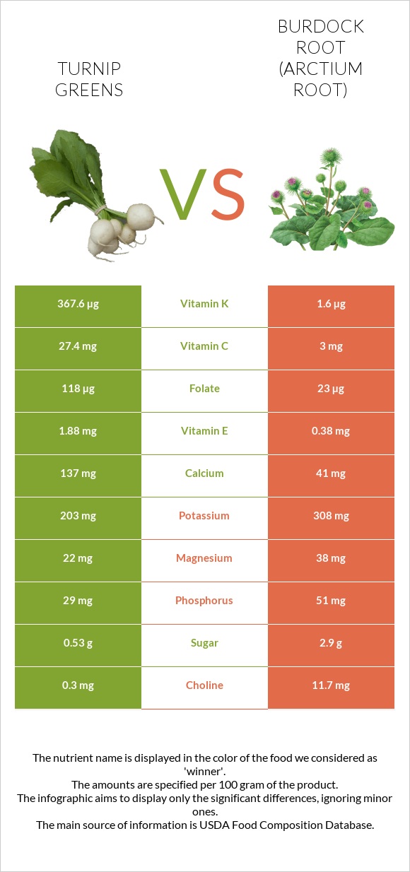Turnip greens vs Burdock root infographic