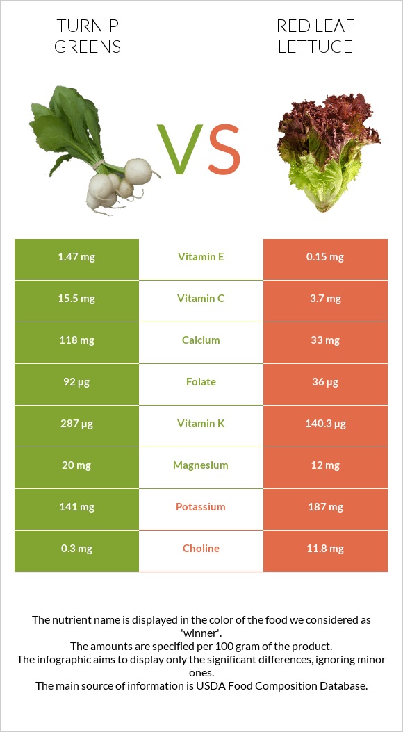 Turnip greens vs Red leaf lettuce infographic