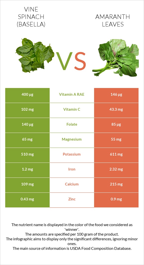 Vine spinach (basella) vs Amaranth leaves infographic