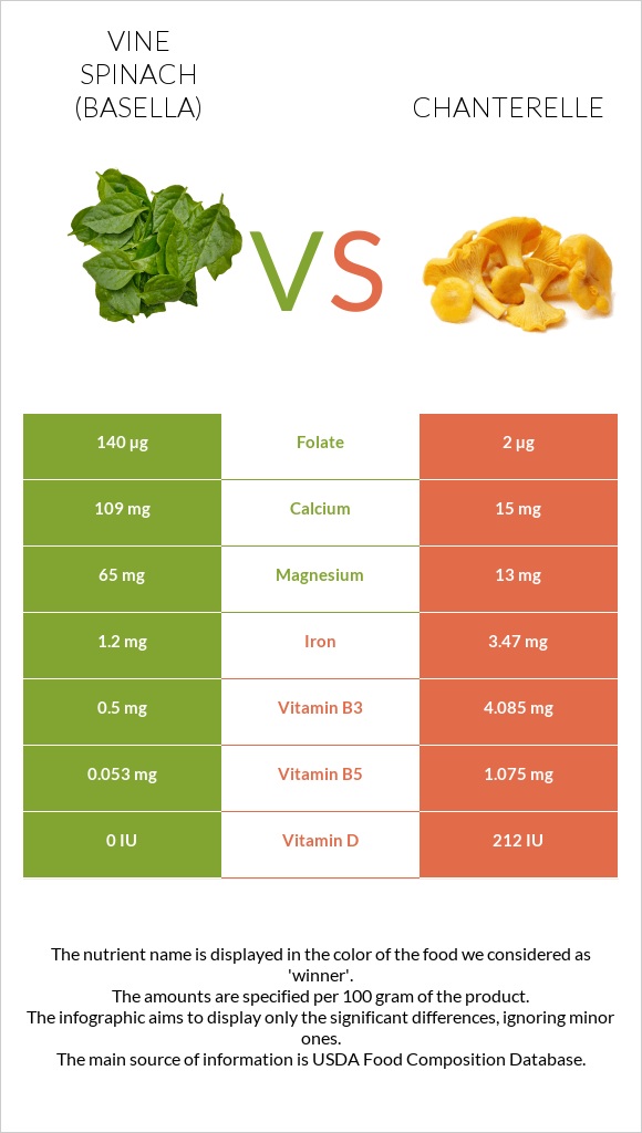 Vine spinach (basella) vs Chanterelle infographic