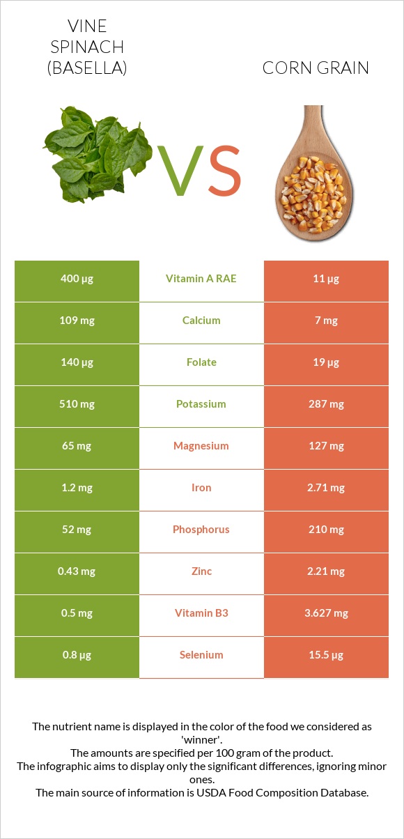 Vine spinach (basella) vs Corn grain infographic