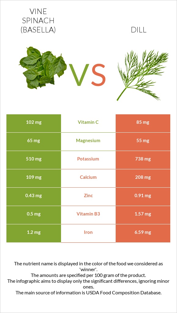 Vine spinach (basella) vs Dill infographic
