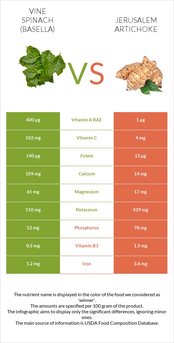 Vine spinach (basella) vs Jerusalem artichoke infographic