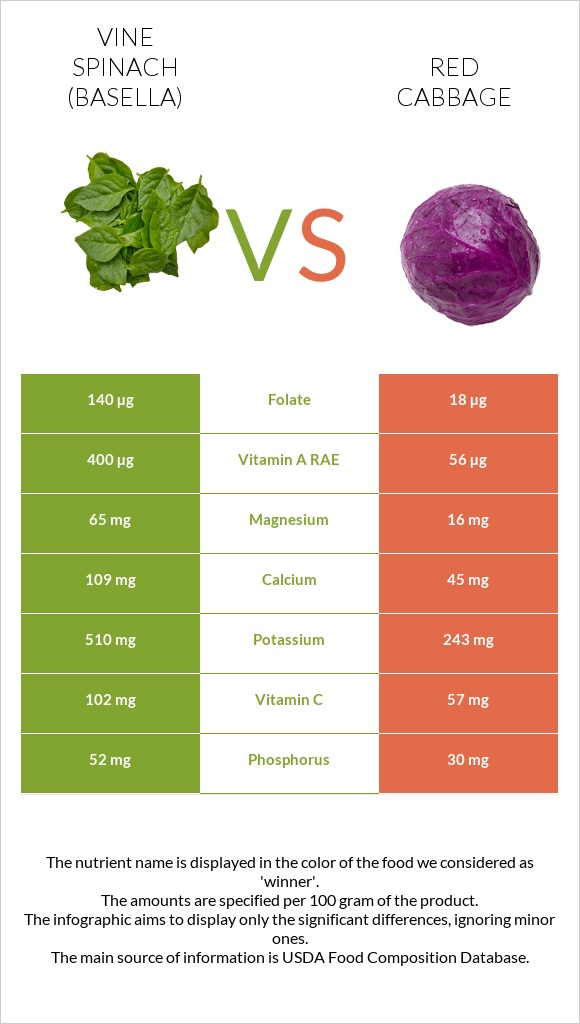 Vine spinach (basella) vs Red cabbage infographic