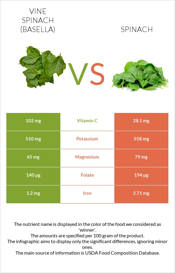 Vine spinach (basella) vs Spinach infographic