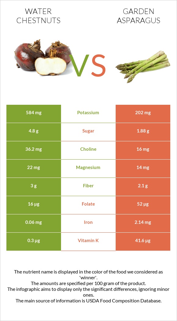 Water chestnuts vs Garden asparagus infographic