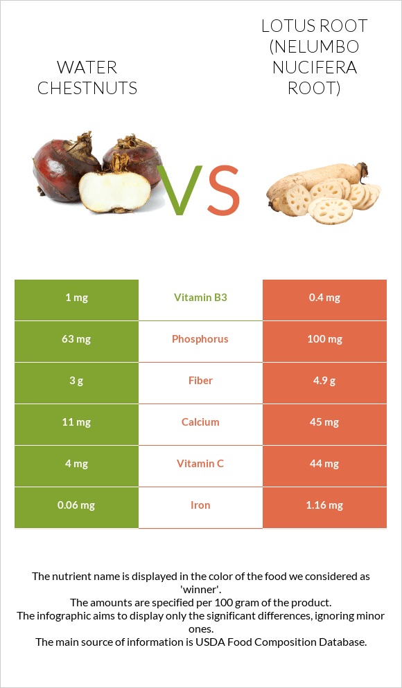 Water chestnuts vs Լոտոս արմատ infographic