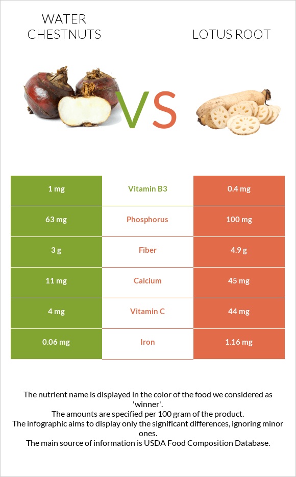 Water chestnuts vs Lotus root infographic