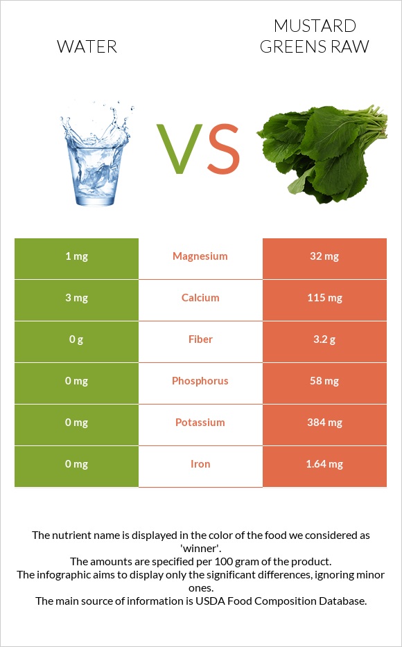 Water vs Mustard Greens Raw infographic