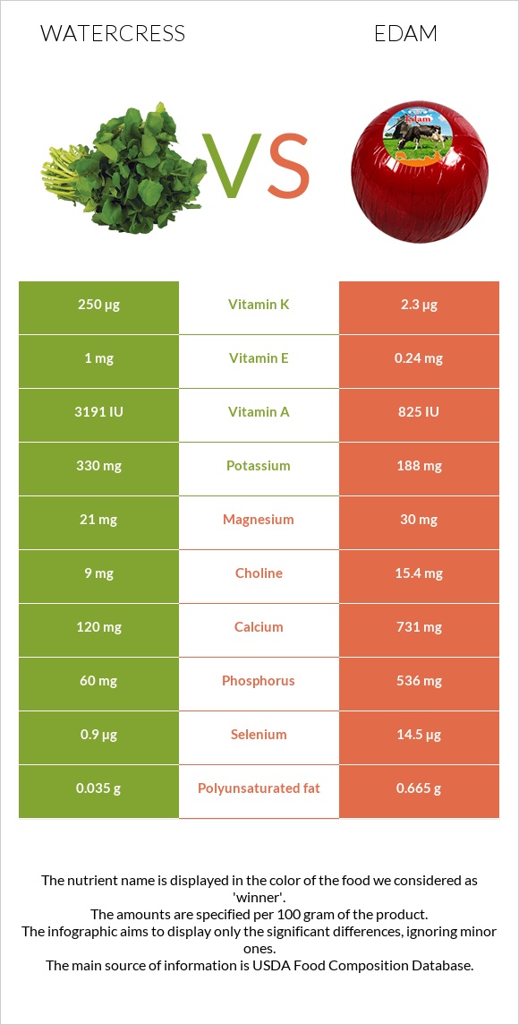 Watercress vs Edam infographic