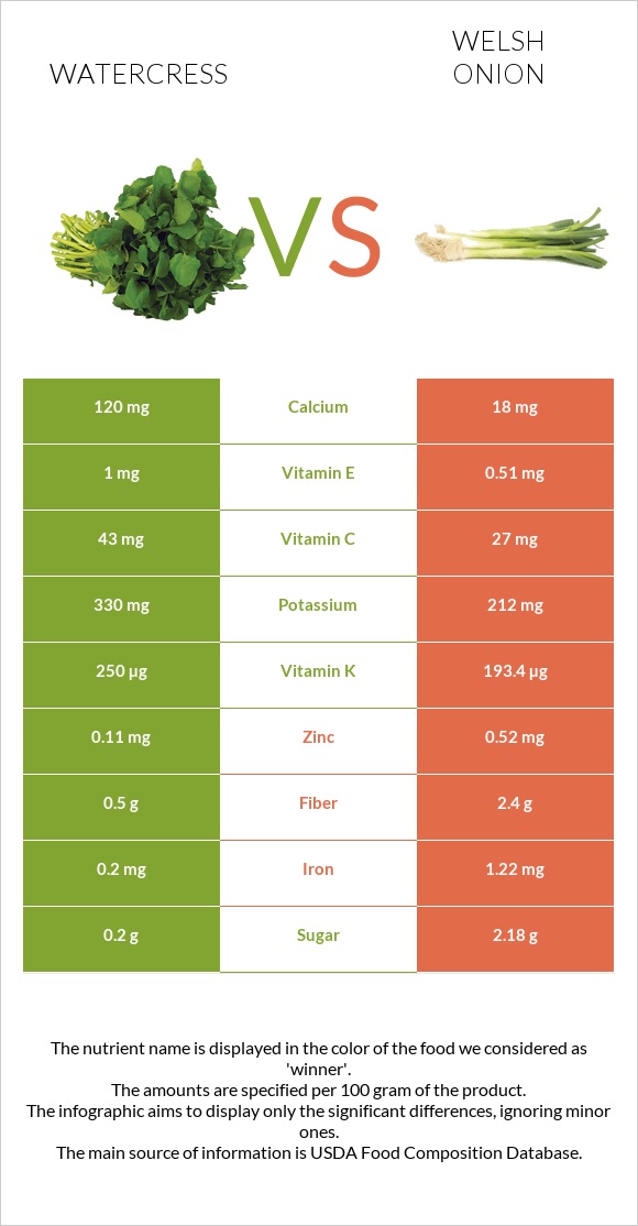 Watercress vs Welsh onion infographic