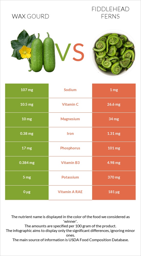 Wax gourd vs Fiddlehead ferns infographic