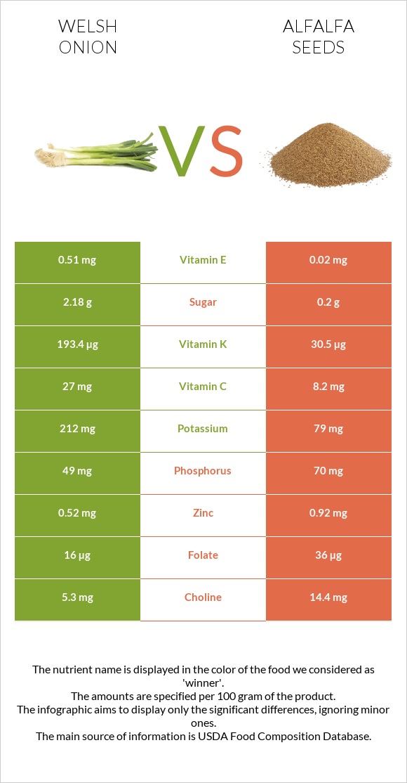 Welsh onion vs Alfalfa seeds infographic