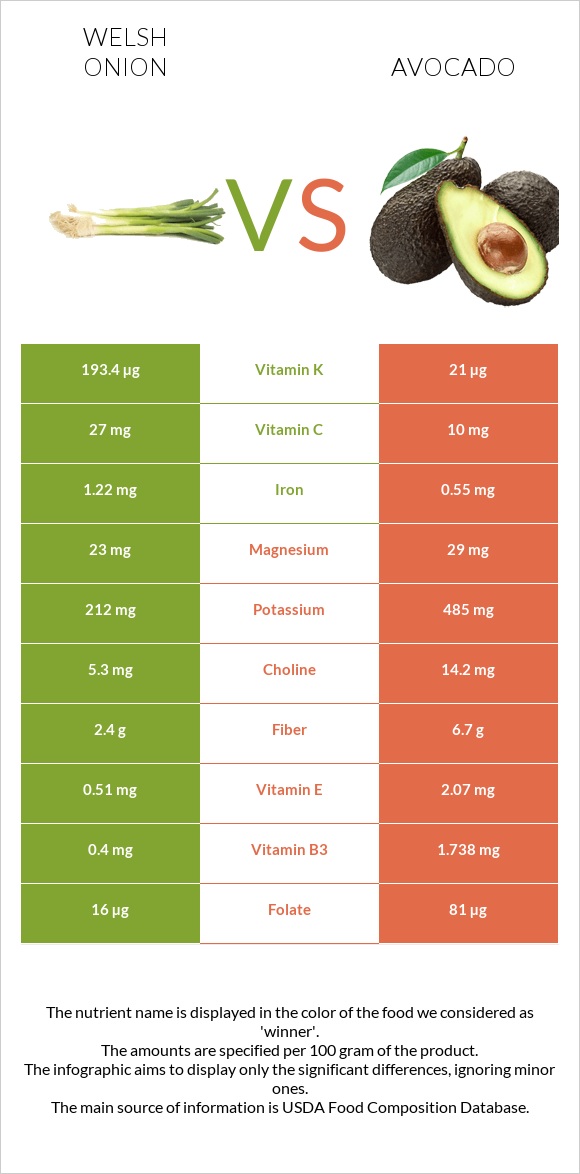 Welsh onion vs Avocado infographic