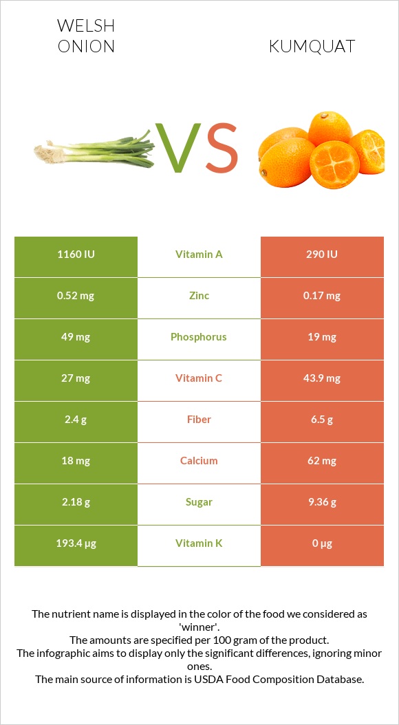 Welsh onion vs Kumquat infographic