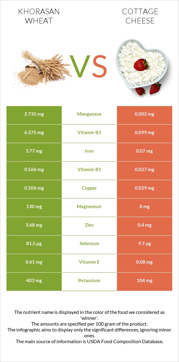 Khorasan wheat vs Cottage cheese infographic