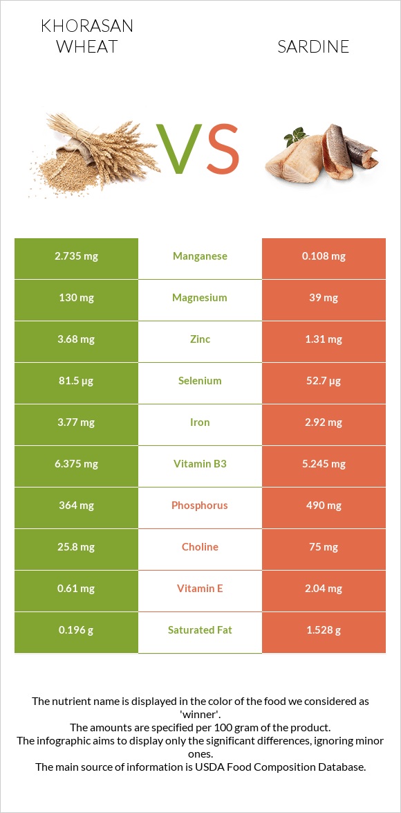 Խորասան ցորենի vs Սարդինաձուկ infographic