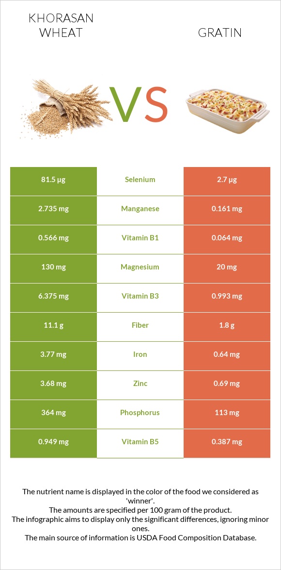 Խորասան ցորենի vs Gratin infographic