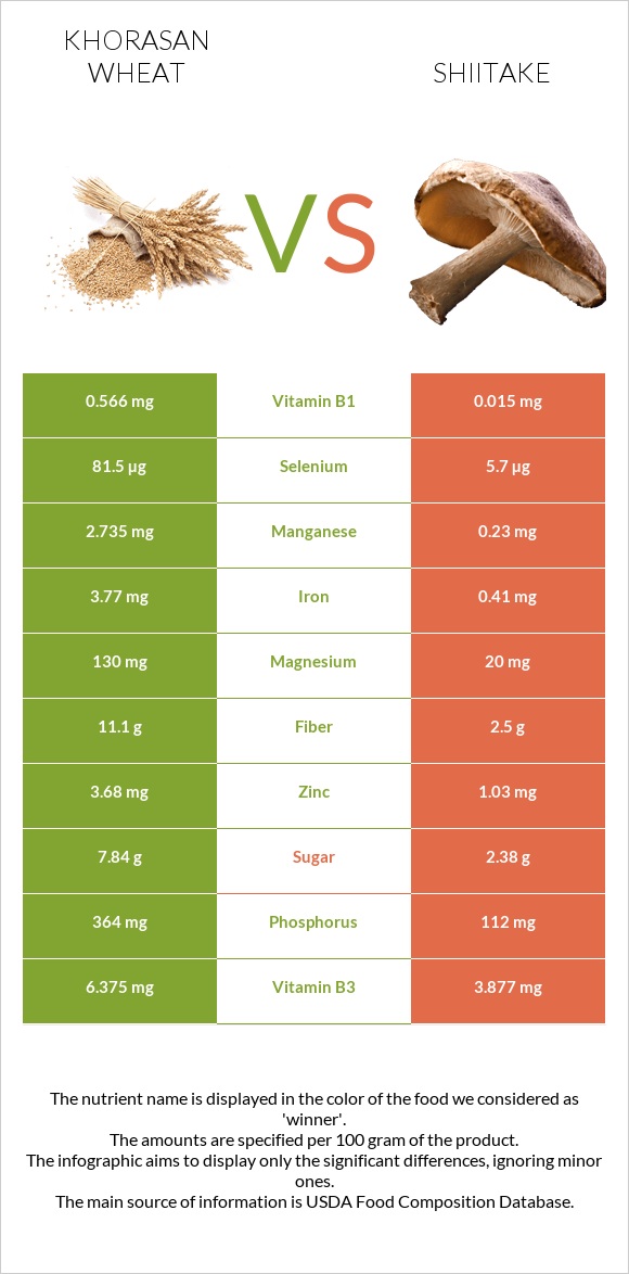 Խորասան ցորենի vs Shiitake infographic