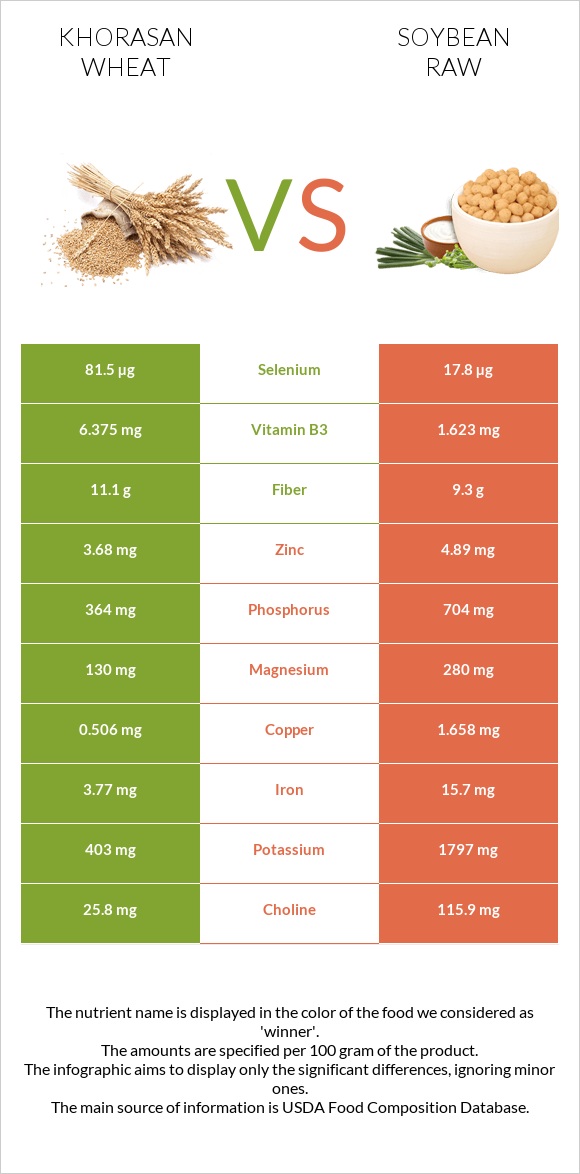Khorasan wheat vs Soybean raw infographic
