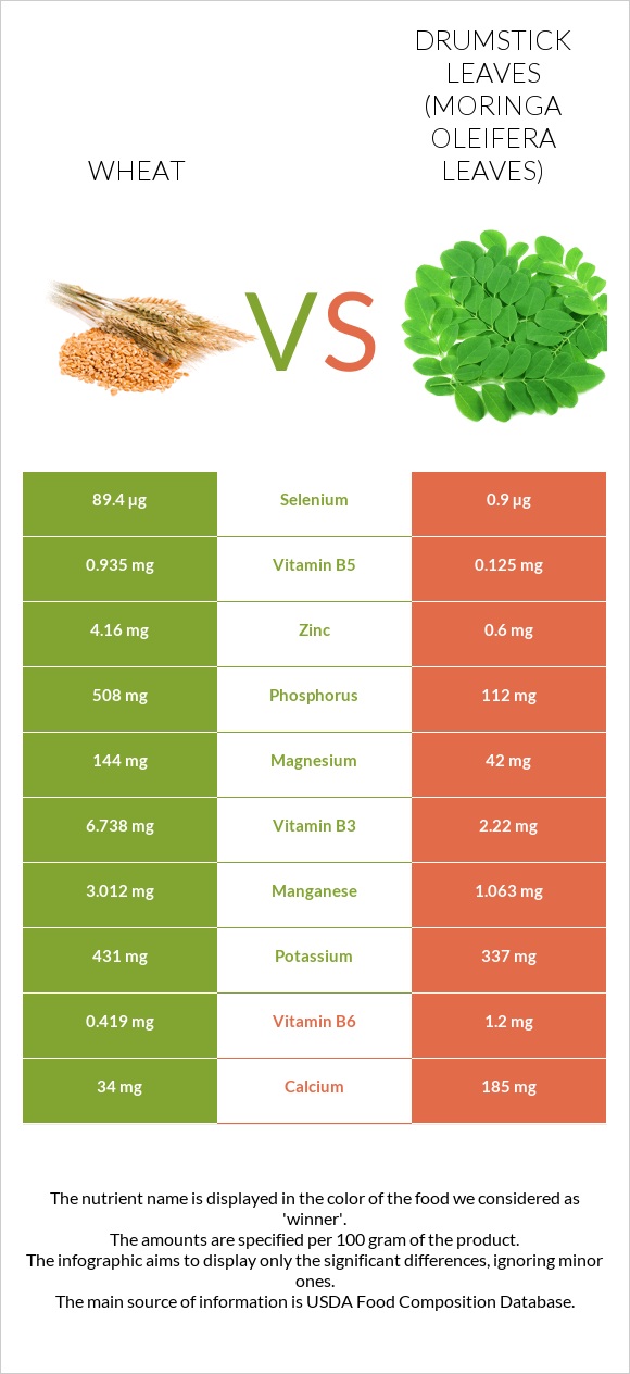 Wheat vs Drumstick leaves infographic