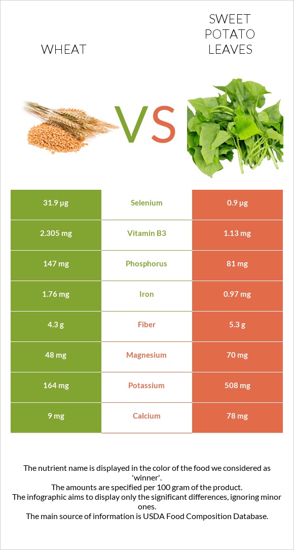 Ցորեն vs Sweet potato leaves infographic