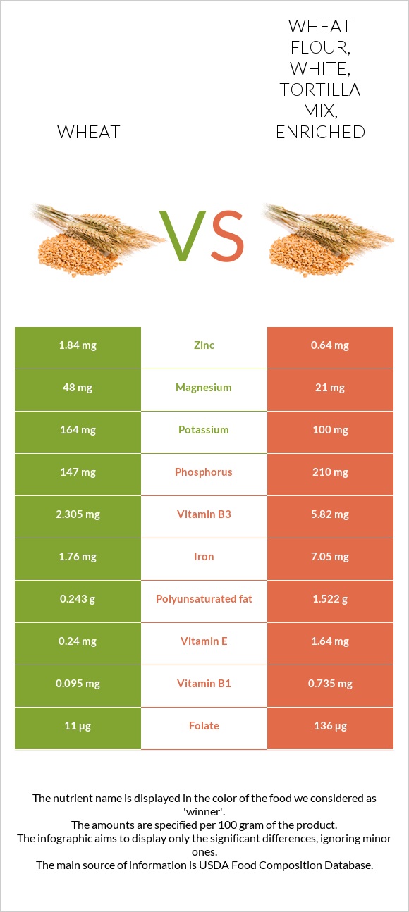 Wheat vs Wheat flour, white, tortilla mix, enriched infographic