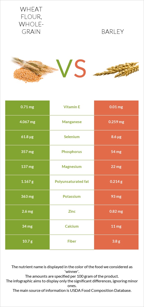 Wheat flour, whole-grain vs Barley infographic