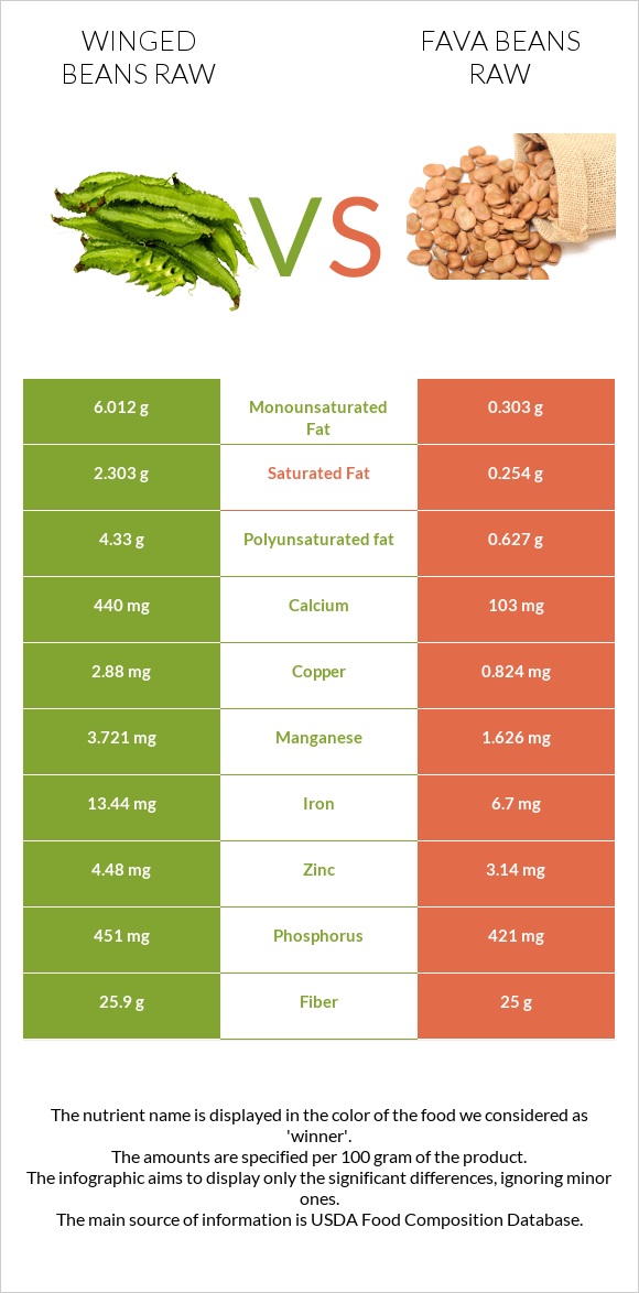 Winged beans raw vs Fava beans raw infographic
