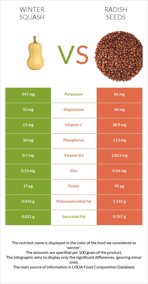 Winter squash vs Radish seeds infographic