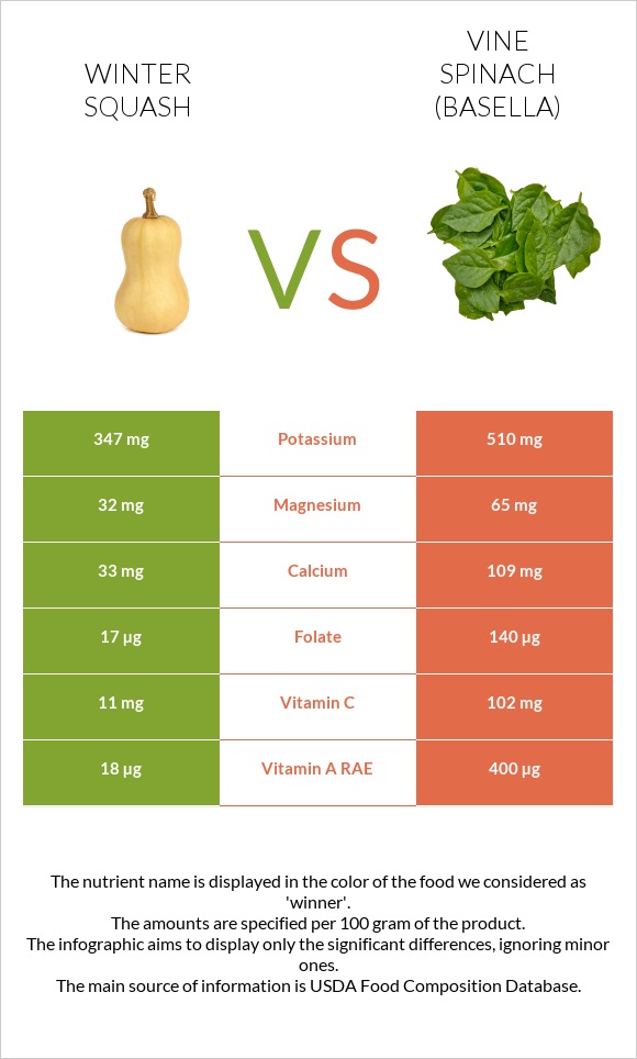 Winter squash vs Vine spinach (basella) infographic
