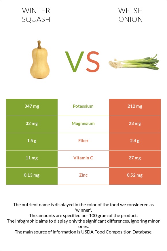 Winter squash vs Welsh onion infographic