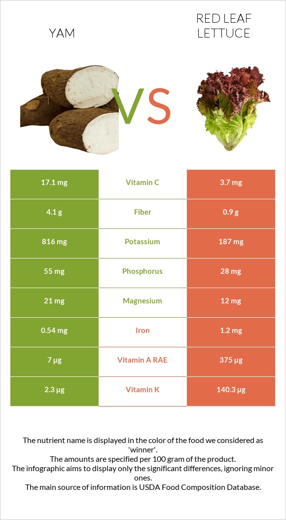 Քաղցր կարտոֆիլ vs Red leaf lettuce infographic