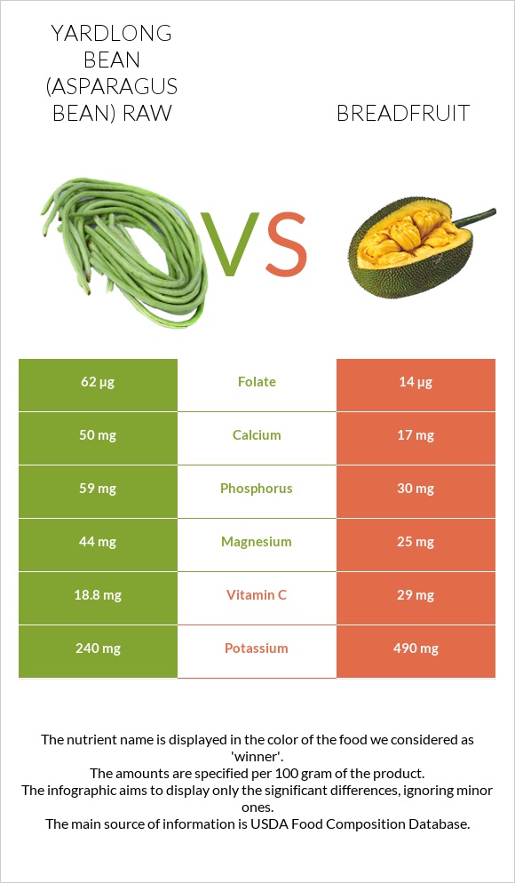 Yardlong bean (Asparagus bean) raw vs Breadfruit infographic